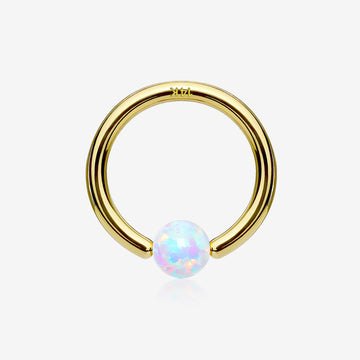 14 Karat Gold Fire Opal Ball CBR Style Bendable Hoop Ring-White Opal
